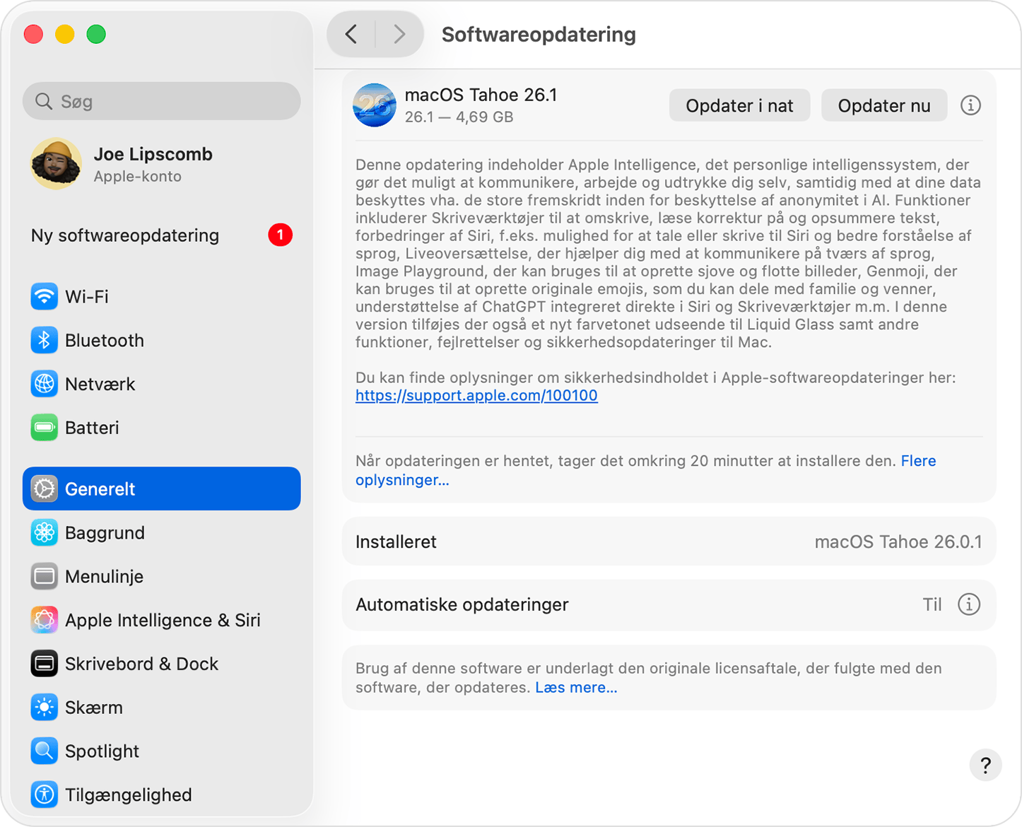 Softwareopdatering i macOS Sequoia, der viser en tilgængelig opdatering.