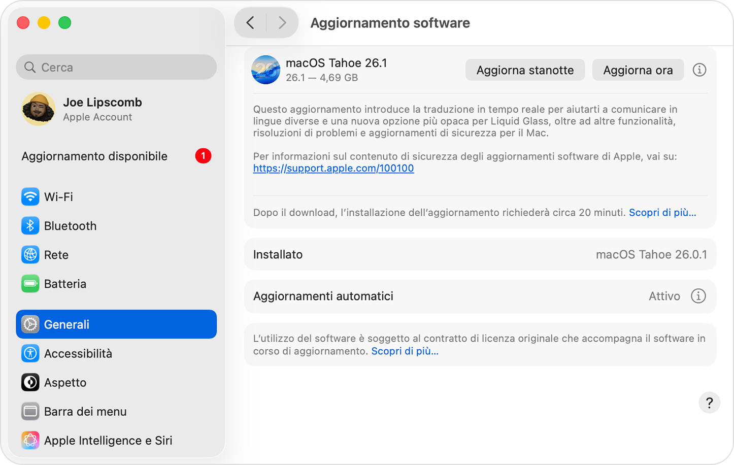 Aggiornamento software in macOS Sequoia, che mostra un aggiornamento disponibile.