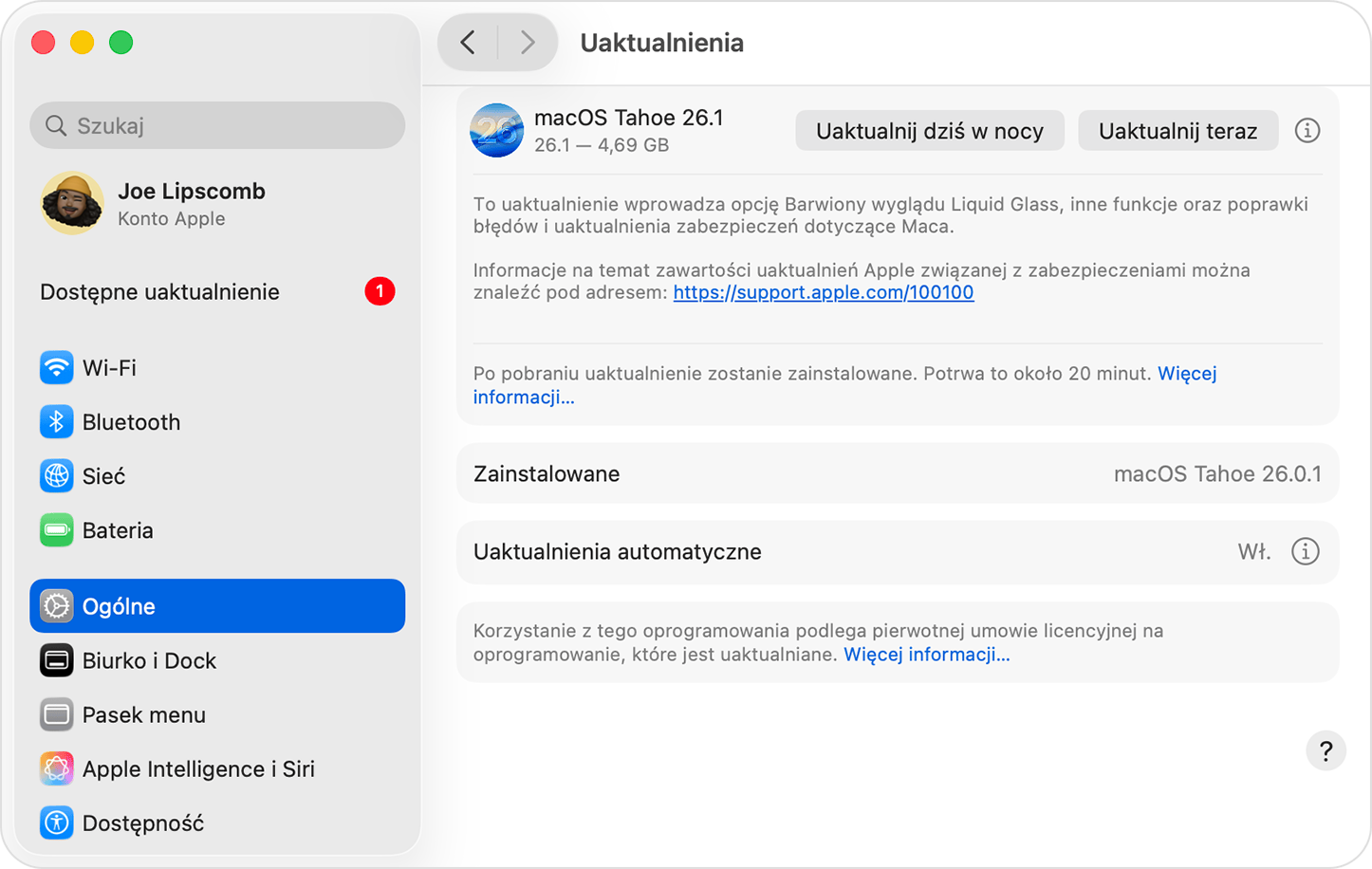Funkcja Uaktualnienia w systemie macOS Sequoia pokazująca dostępne uaktualnienie.