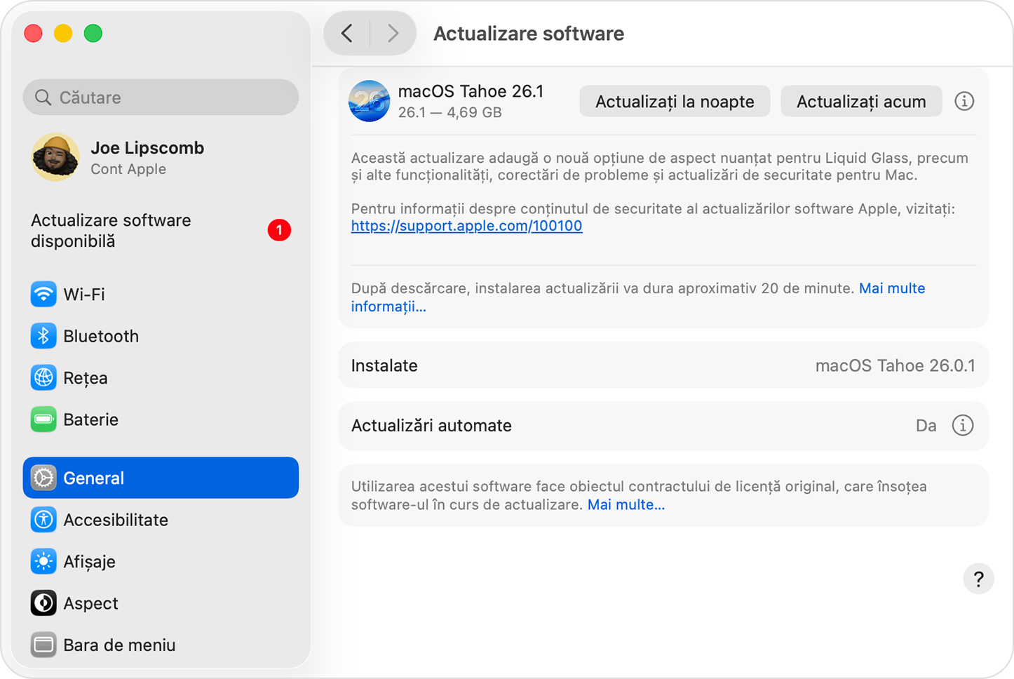 Actualizare software în macOS Sequoia, afișând o actualizare disponibilă.