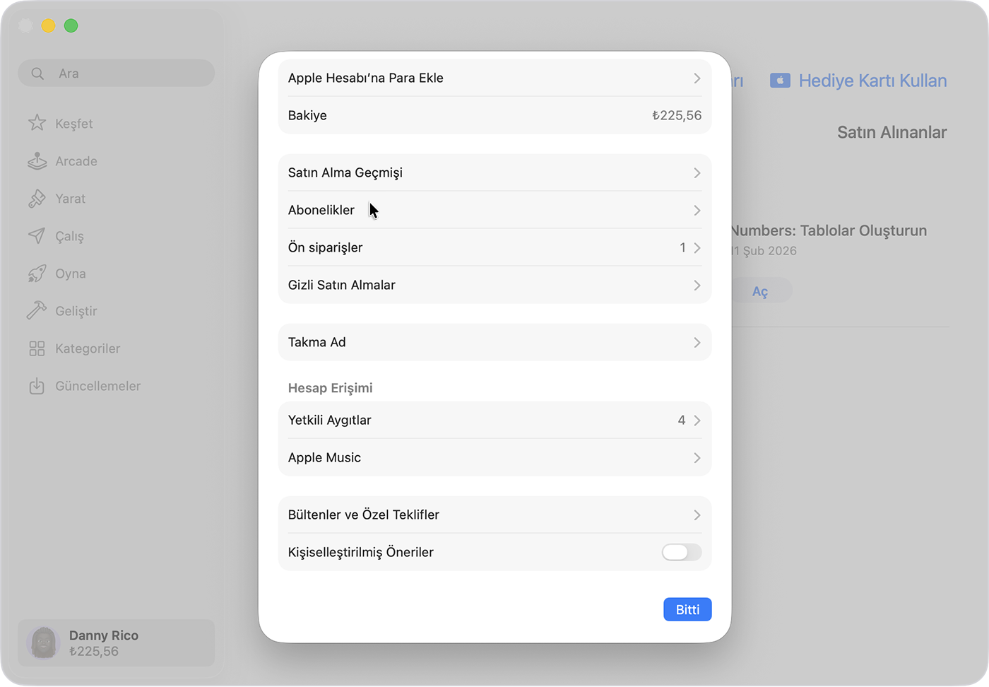 Mac'teki App Store'da Apple Hesabı ayarları.
