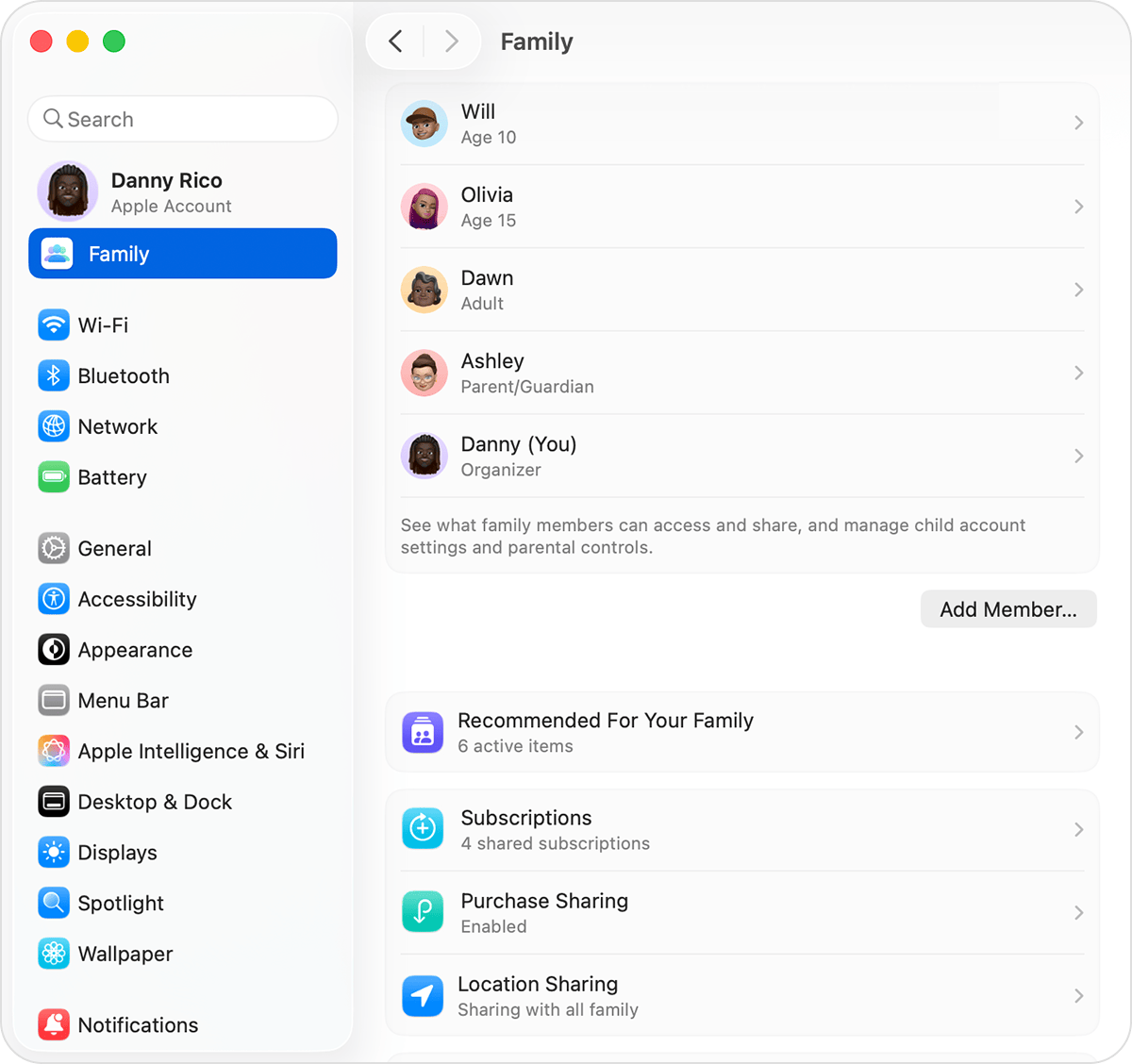 Mac System Settings showing Family settings, including the button to Add Member.