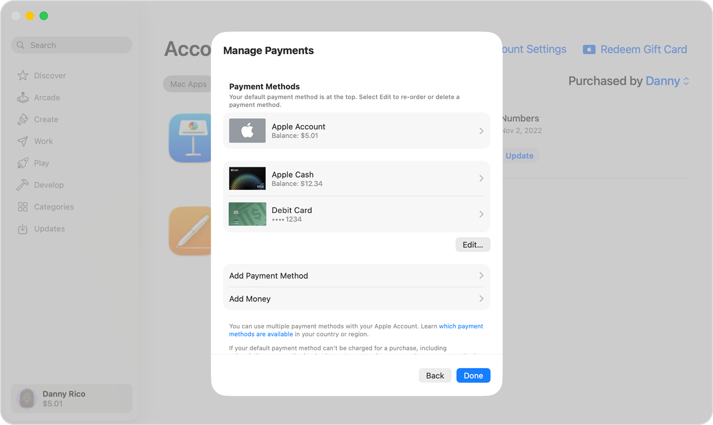 A Mac screen showing the Manage Payment settings.