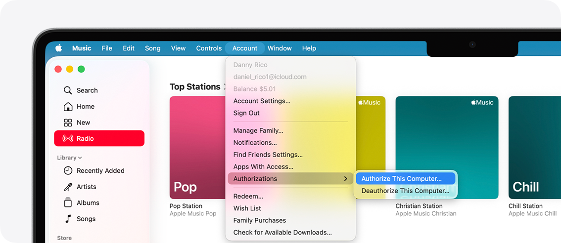 Apple Music app on Mac showing Authorize This Computer or Deauthorize This Computer.