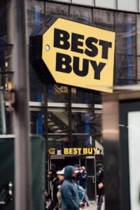 The image shows the exterior of a best buy store.