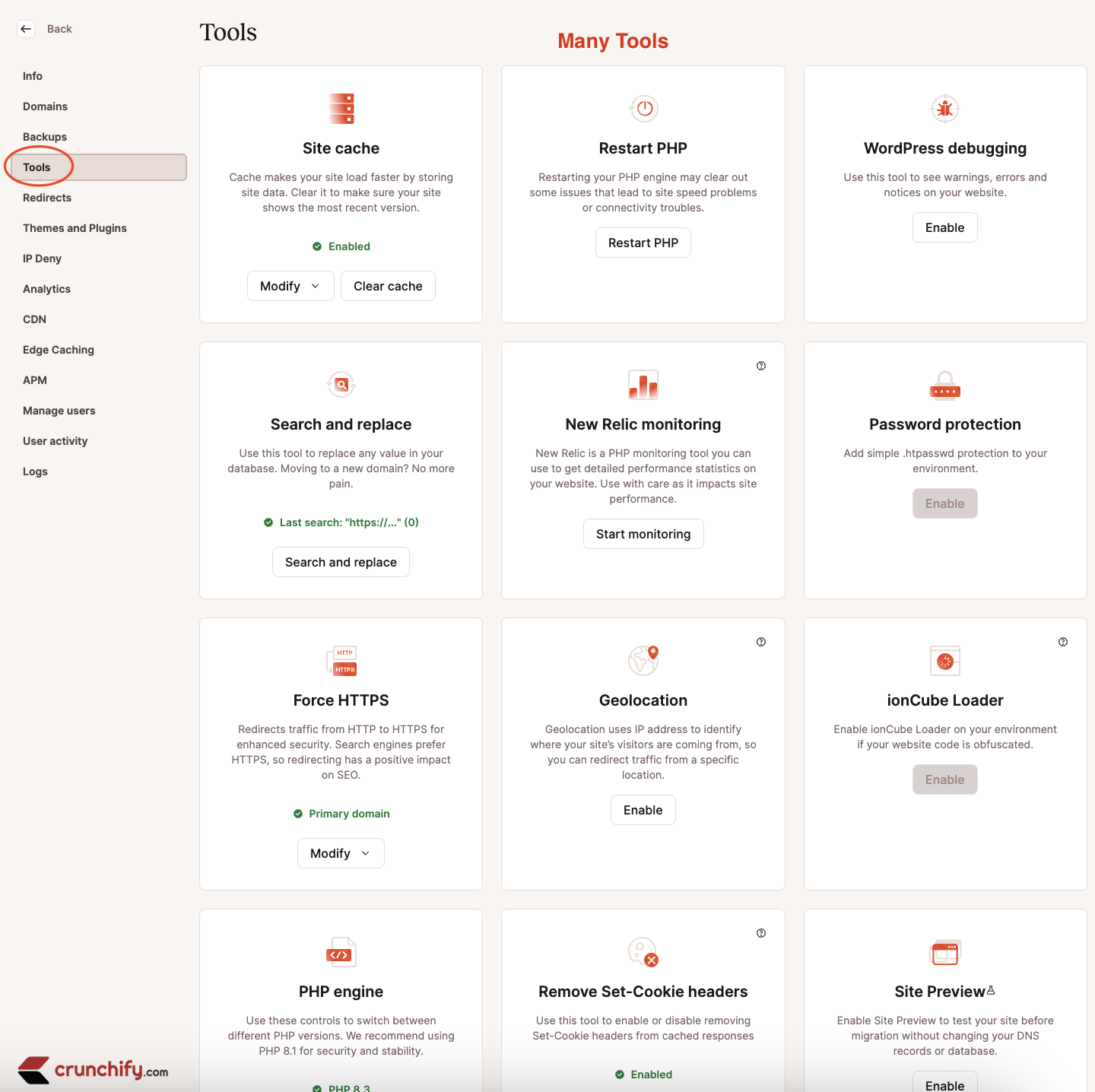 Kinsta Admin Panel Dashboard - Tools