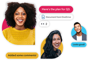 Two teammates talking while surrounded by stylized Slack messages and a hand mimicking the thumbs-up emoji