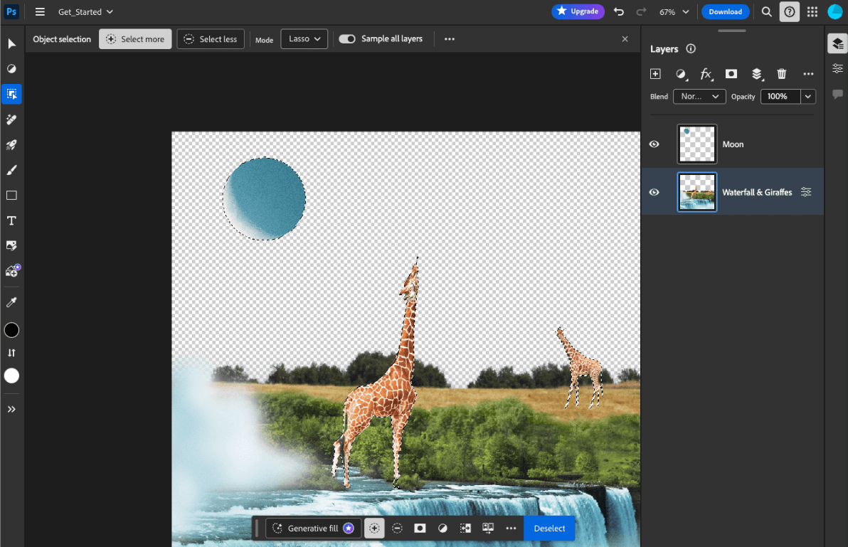 Adobe Photoshop sul web con lo strumento di selezione degli oggetti basato sull'AI aperto, con tre oggetti selezionati: due giraffe e una luna.