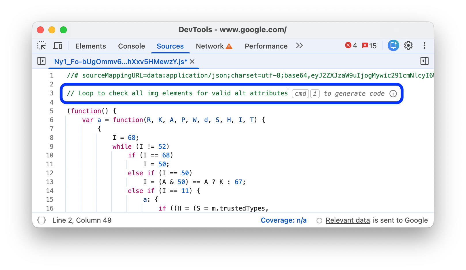 Requête de génération de code dans un commentaire JavaScript.
