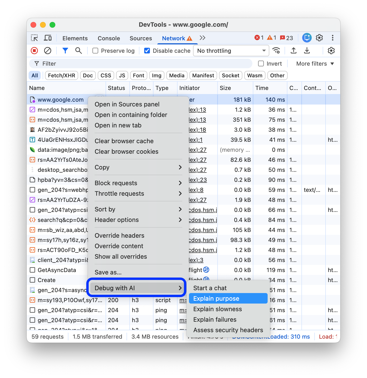 Options "Déboguer avec l'IA" dans le menu contextuel d'un élément.