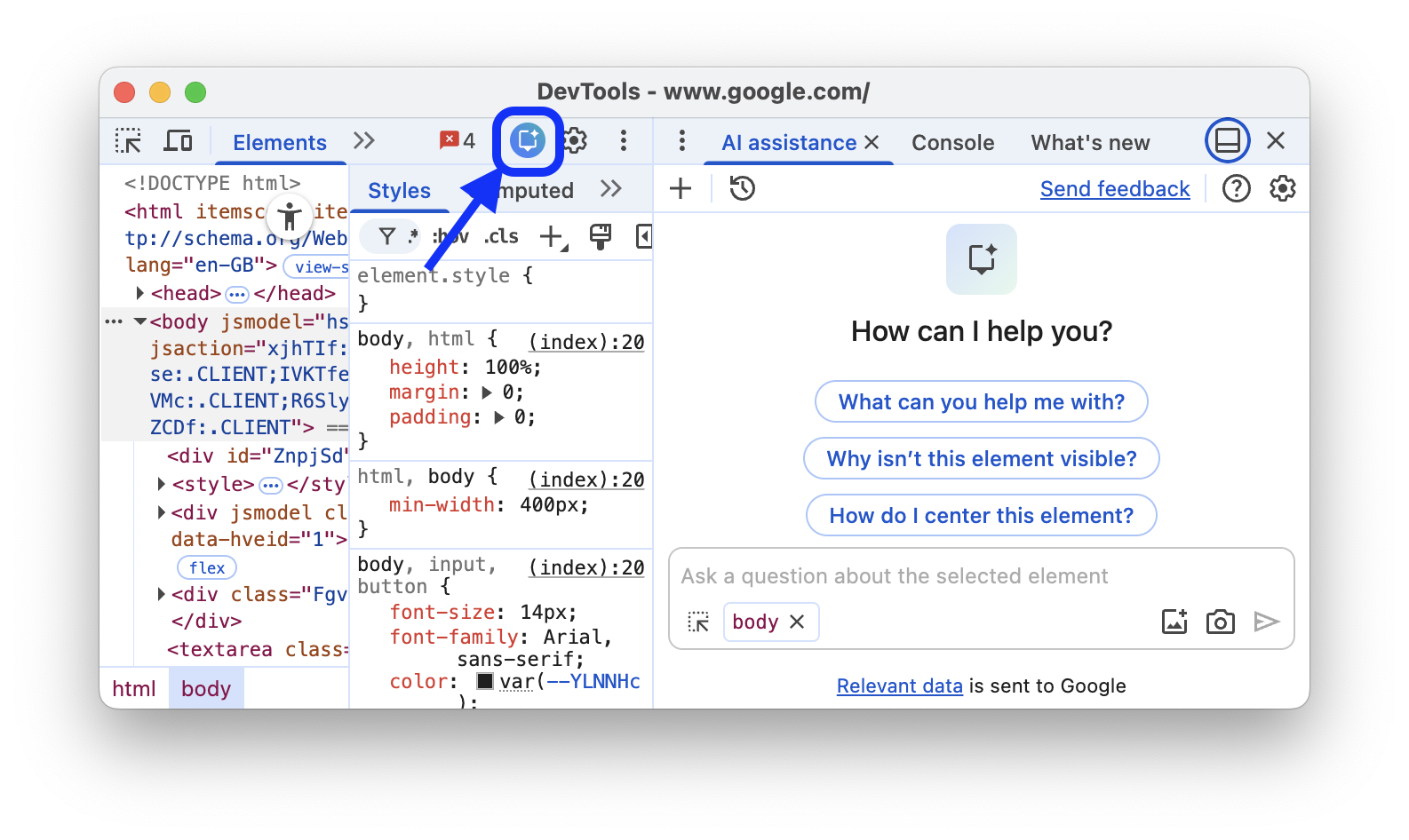 Il pulsante di assistenza dell'AI in alto a destra della barra degli strumenti di DevTools.