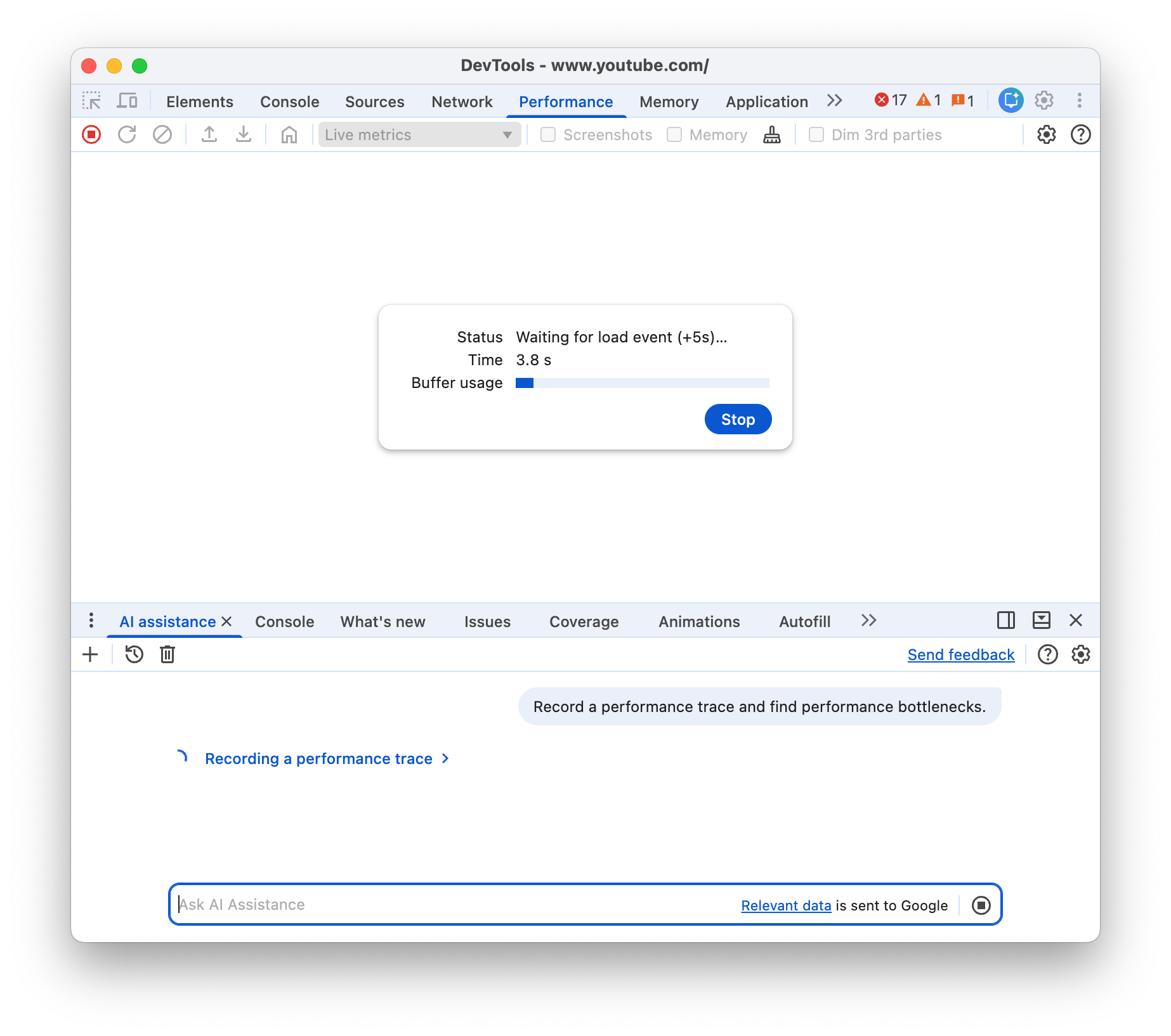 Le panneau d'assistance de l'IA enregistre une trace de performances.