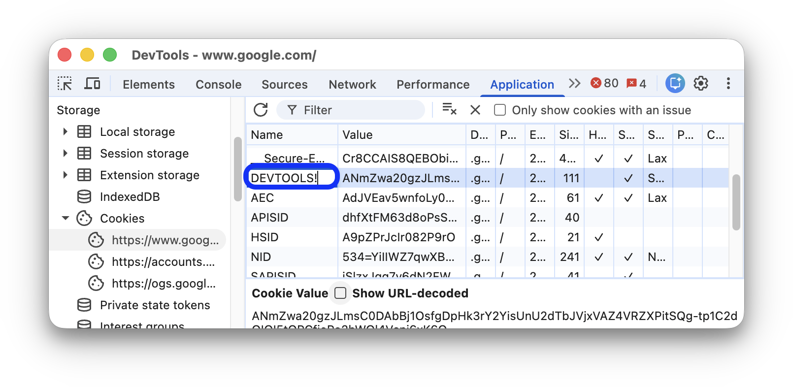 Den Namen eines Cookies auf „DEVTOOLS!“ festlegen
