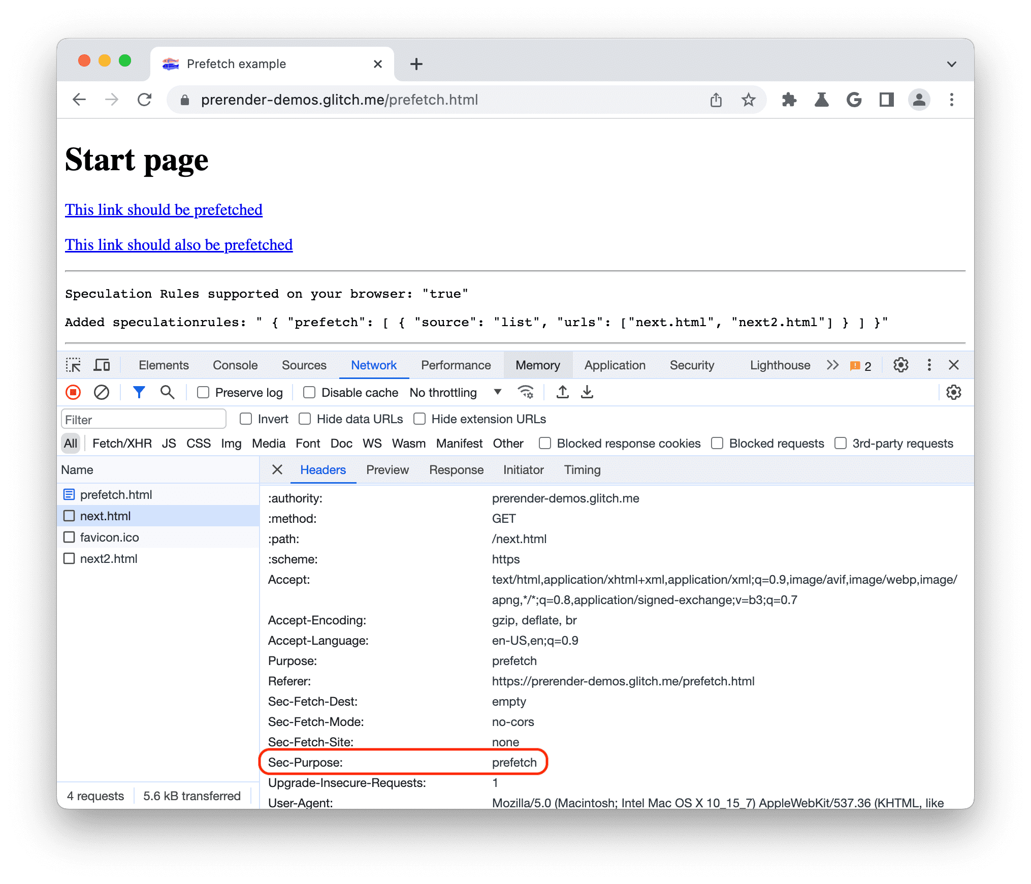پیشواکشی هدرهای Chrome DevTools با تنظیم Sec-Purpose روی پیشواکشی