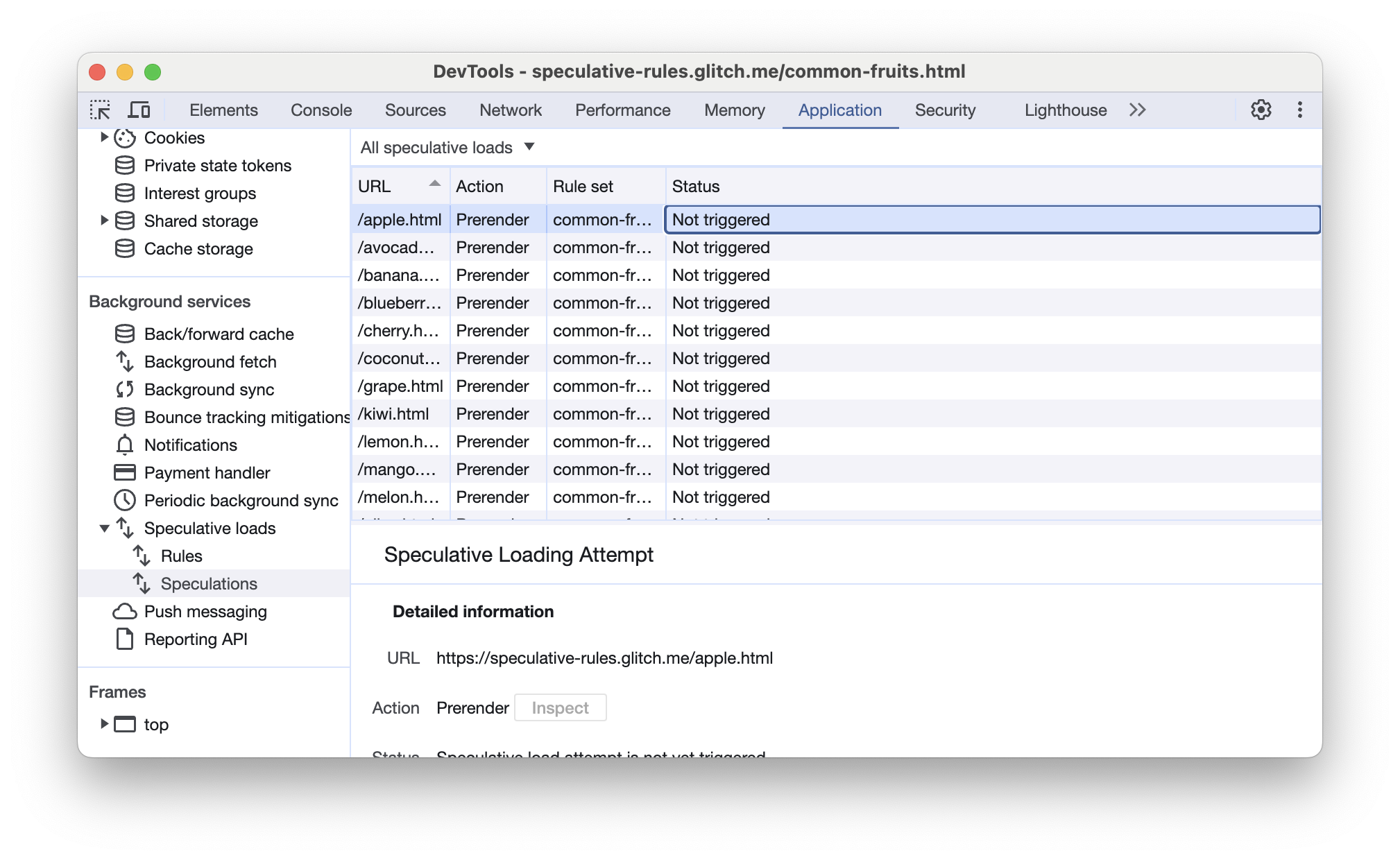 تب Speculations در ابزار توسعه کروم (Chrome DevTools) با تعدادی URL فعال نشده (Not triggered URLs)