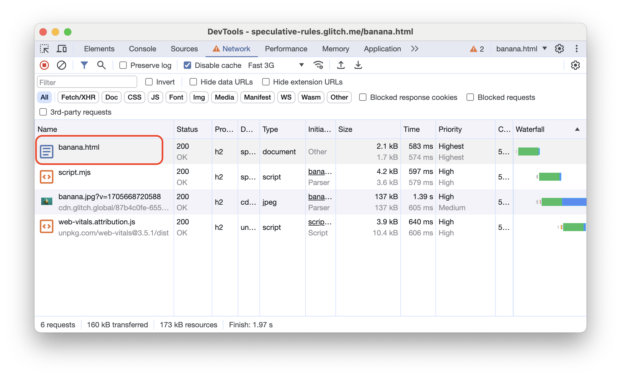 پنل شبکه Chrome DevTools که درخواستهای شبکه برای صفحه از پیش رندر شده را نشان میدهد