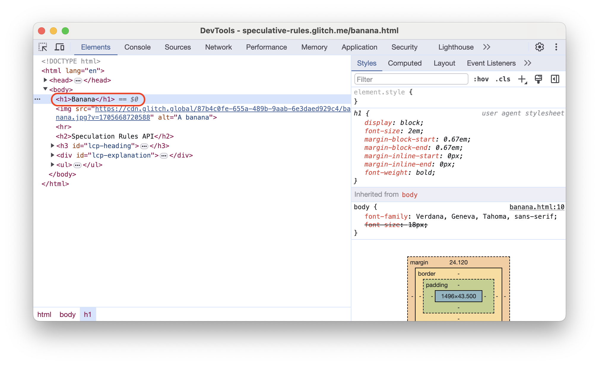 پنل عناصر DevTools کروم برای صفحه از پیش رندر شده