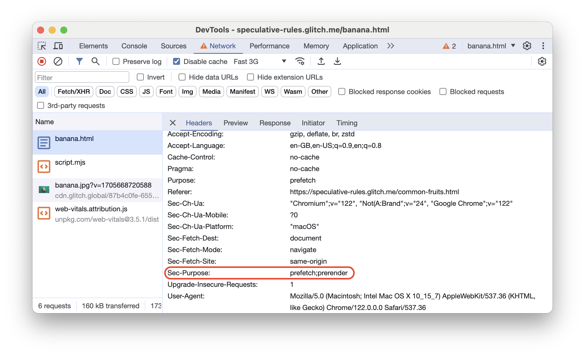 پنل شبکه Chrome DevTools که هدر Sec-Purpose را برای یک صفحه از پیش رندر شده نشان میدهد