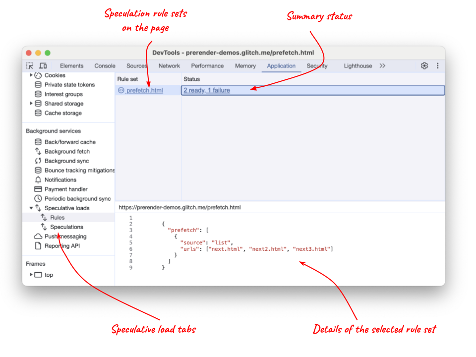 ابزارهای توسعه کروم (Chrome DevTools) تبهای بارگذاری حدسی (speculative load) که قانون پیشواکشی (prefetch) را نشان میدهند