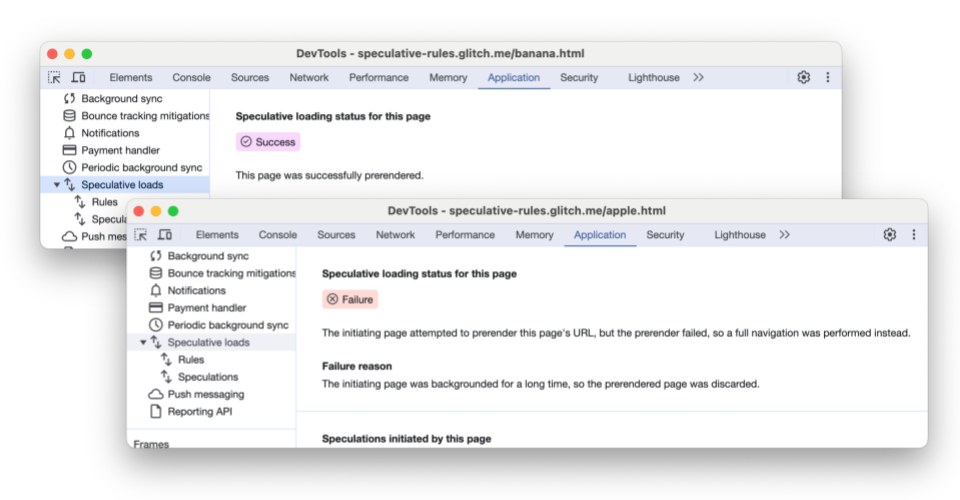 تب Speculative Loads در ابزار توسعه کروم (Chrome DevTools) که هم صفحه پیشرندر شده موفق و هم صفحه ناموفق را نشان میدهد.