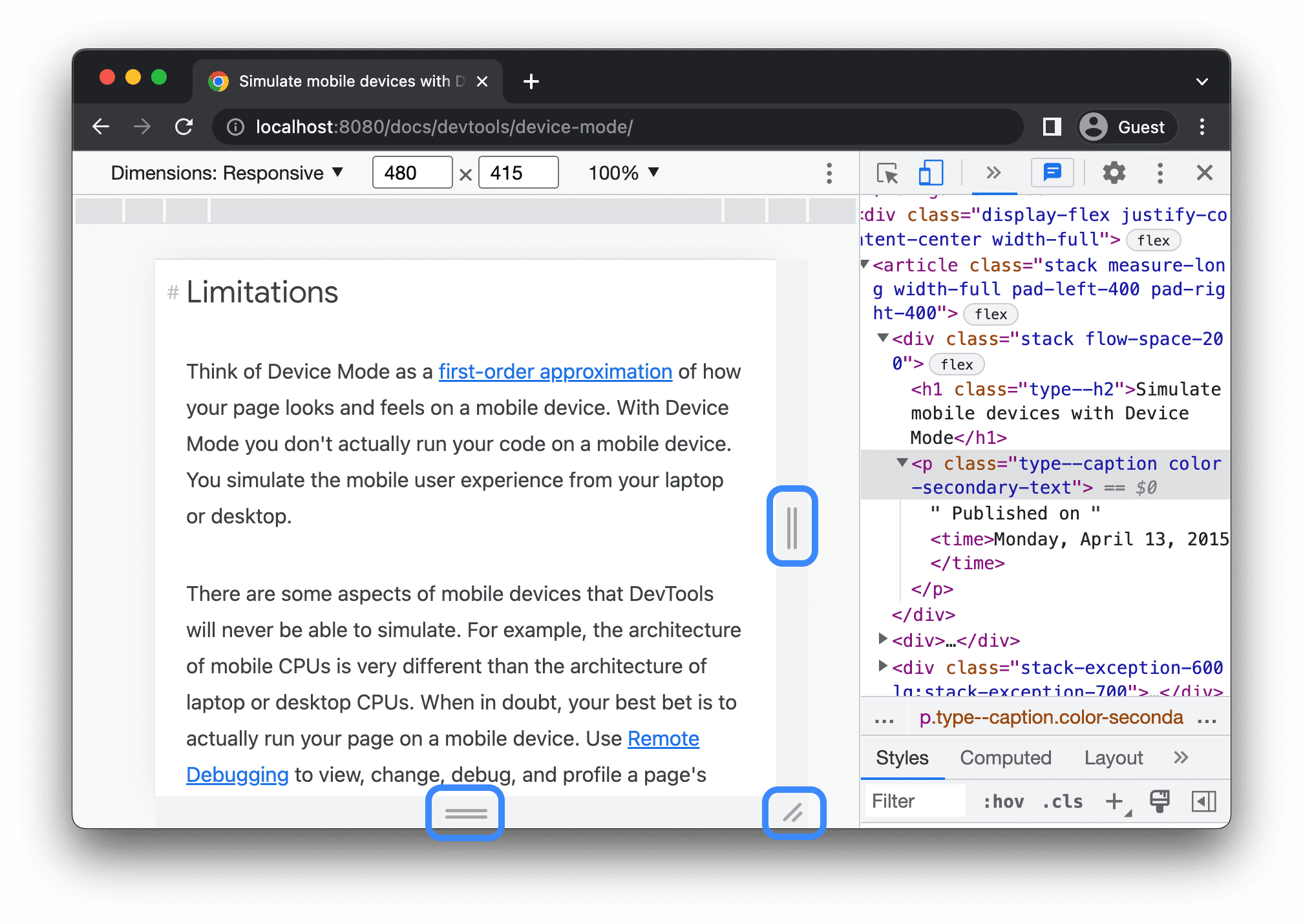 I punti di manipolazione per modificare le dimensioni del viewport in modalità viewport adattabile.
