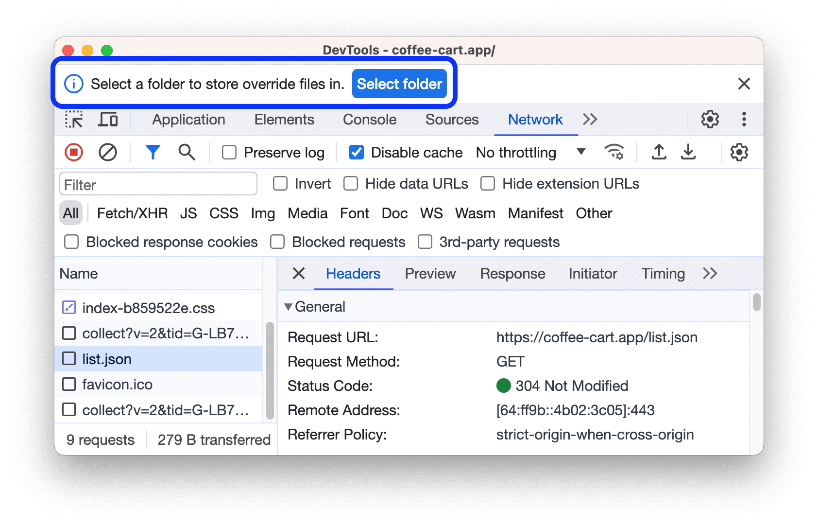 O DevTools pede para você selecionar uma pasta.