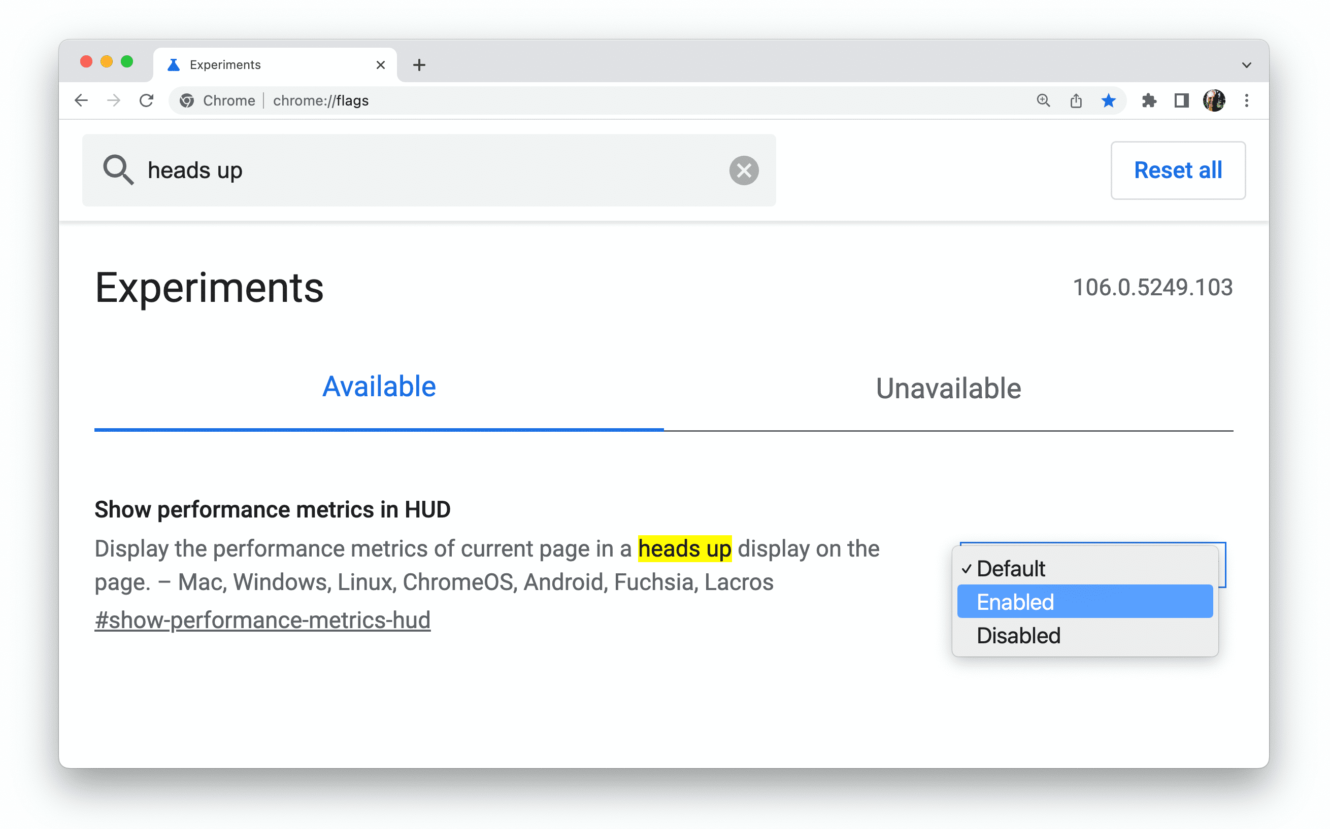 HUD işareti varsayılana ayarlanmış chrome://flags sayfası.