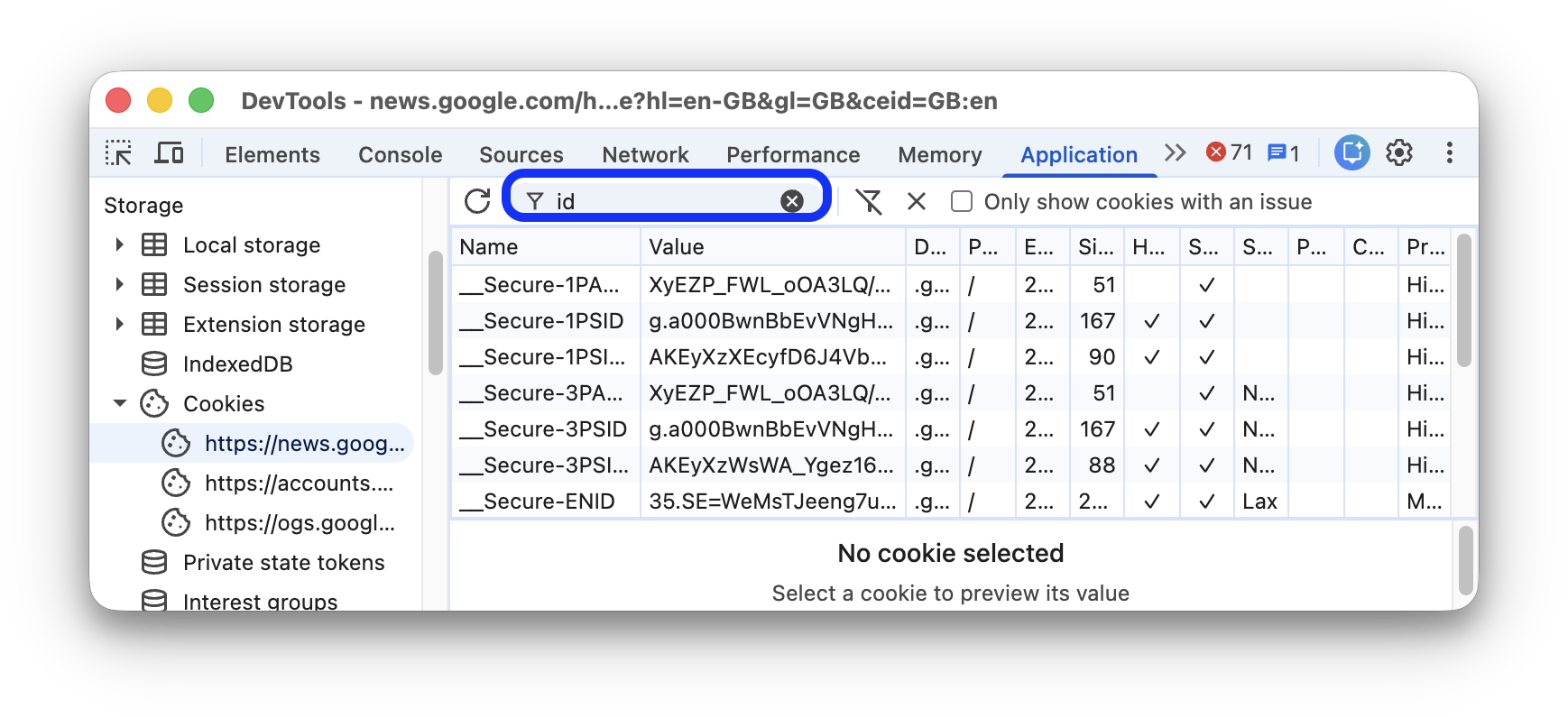 Alle Cookies herausfiltern, die „id“ nicht enthalten.