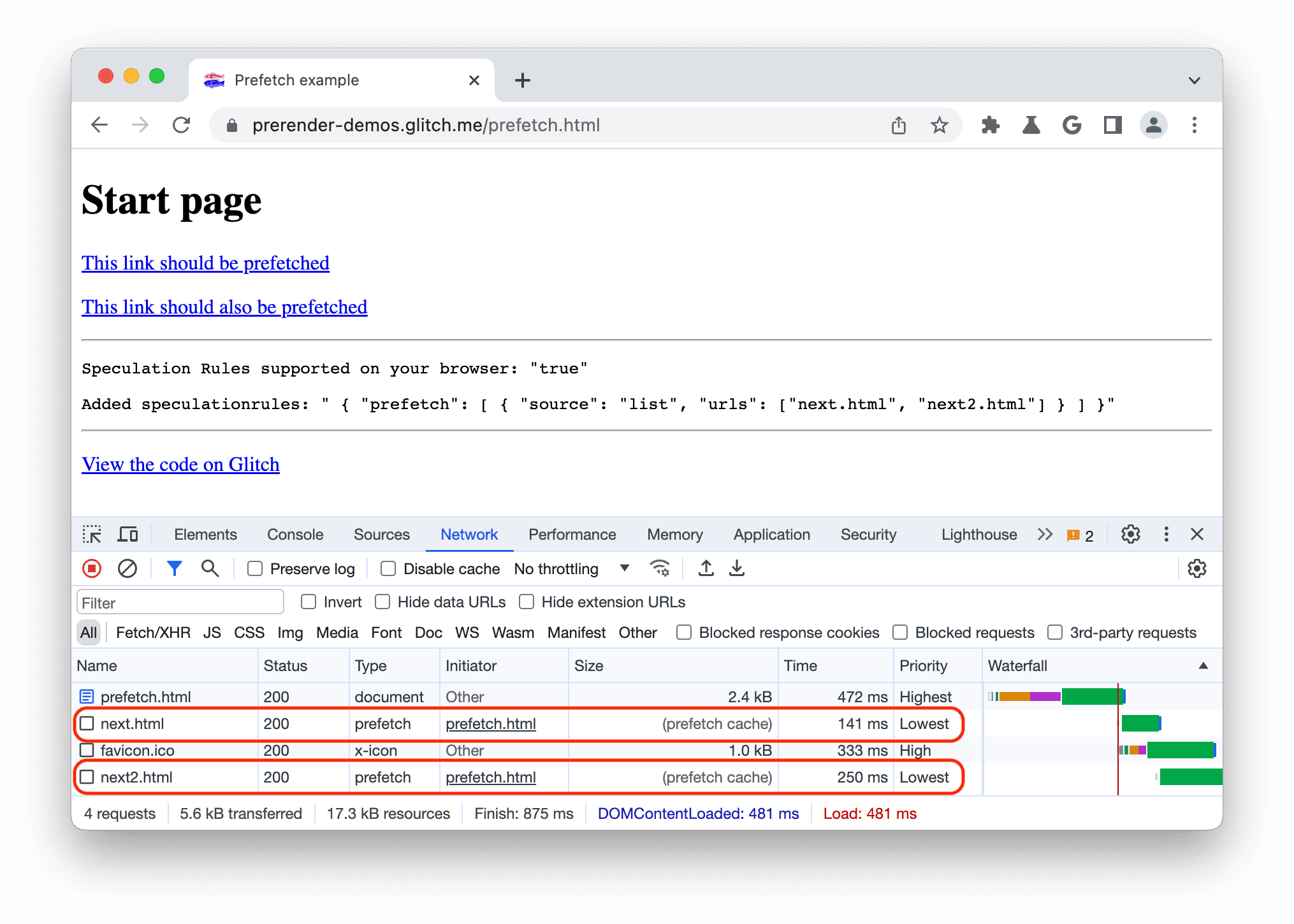 Chrome DevTools-এ নেটওয়ার্ক প্যানেলে প্রিফেকচ করা ডকুমেন্ট দেখাচ্ছে