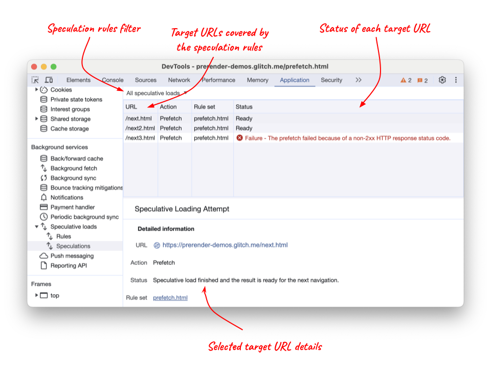 Chrome DevTools Speculations ট্যাবে প্রিফেকচ করা URL গুলি এবং তাদের স্ট্যাটাস দেখানো হচ্ছে
