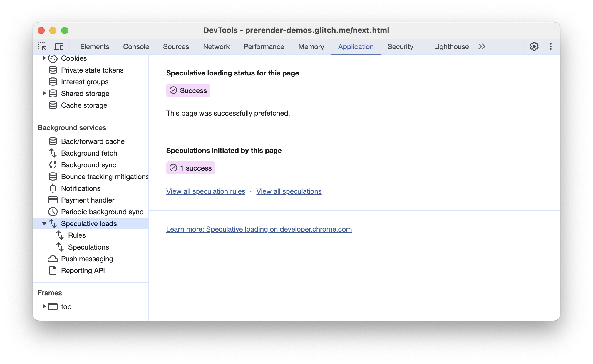 Chrome DevTools স্পেকুলেটিভ লোড ট্যাবটি একটি সফল প্রিফেচ দেখাচ্ছে