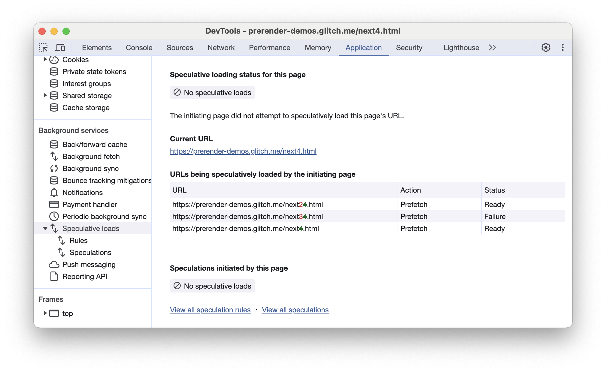 Chrome DevTools স্পেকুলেটিভ ট্যাব লোড করে, যা দেখায় যে বর্তমান URLটি পূর্ববর্তী পৃষ্ঠার স্পেকুলেশন নিয়মের কোনও URL-এর সাথে মেলেনি।