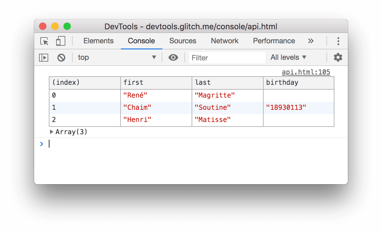 דוגמה ל-method table().