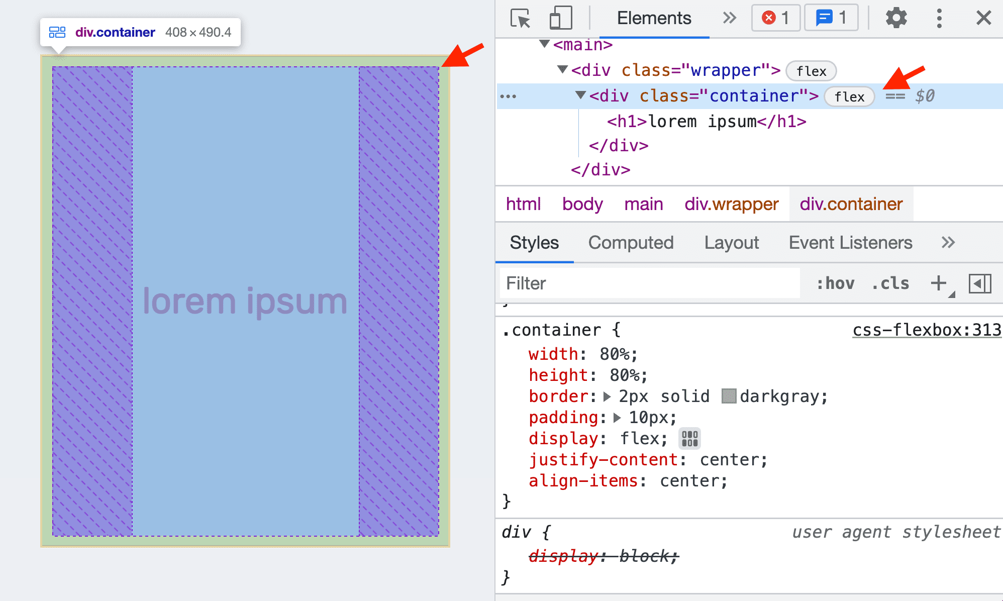 pointez sur un élément Flexbox ;