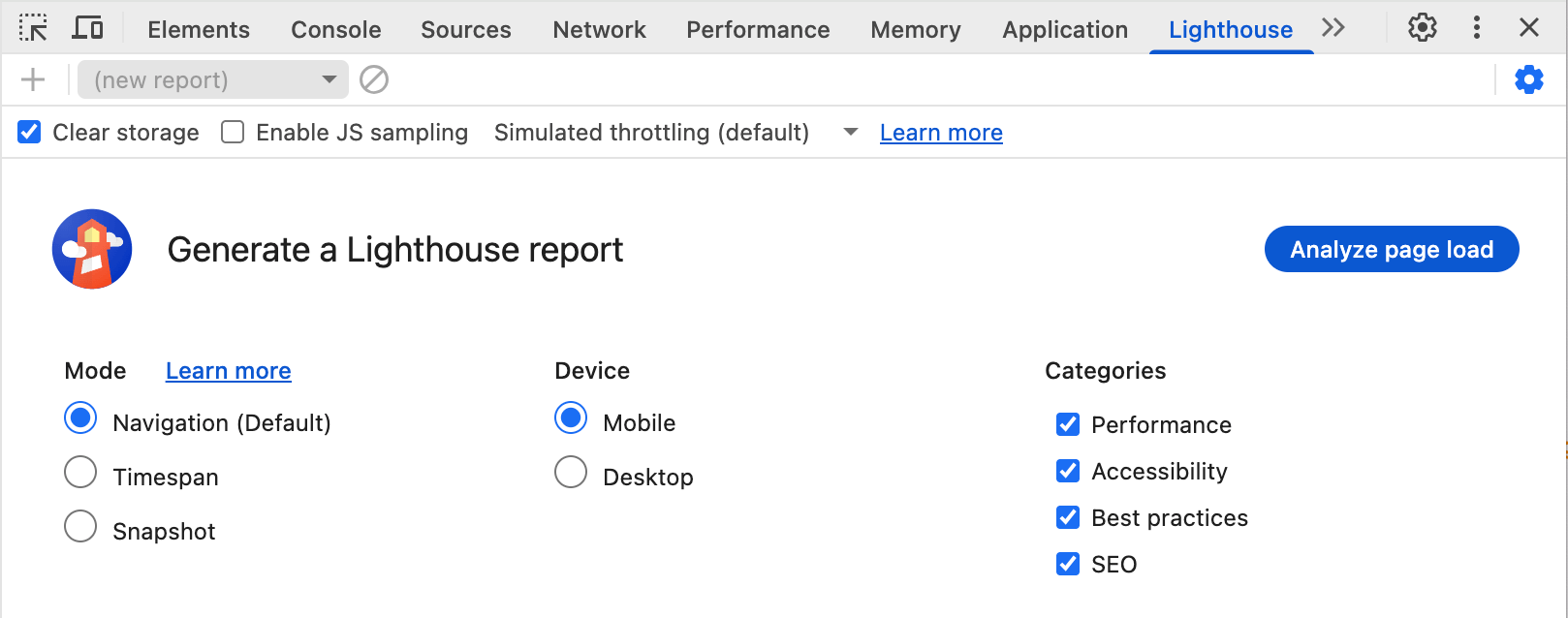 DevTools প্যানেলে উপলব্ধ বিভিন্ন বিকল্পের মধ্যে রয়েছে 'ক্লিয়ার স্টোরেজ', 'Enable JS স্যাম্পলিং' এবং সেটিংস বারের অধীনে থ্রটলিং বিকল্প, মোড, ডিভাইস এবং বিভাগ নির্বাচন।