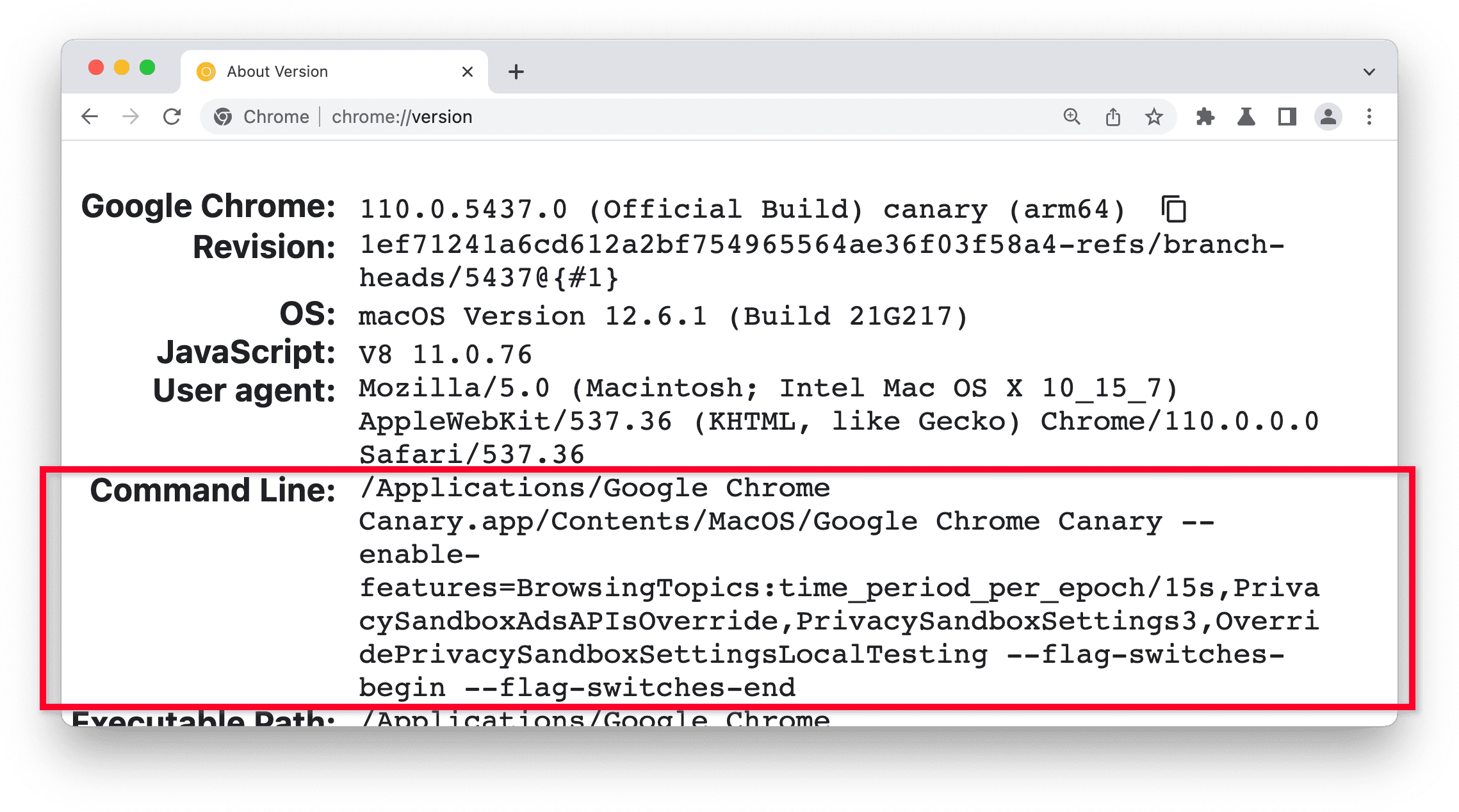 หน้าเวอร์ชัน Chrome
ใน Chrome Canary โดยไฮไลต์ส่วนบรรทัดคำสั่ง