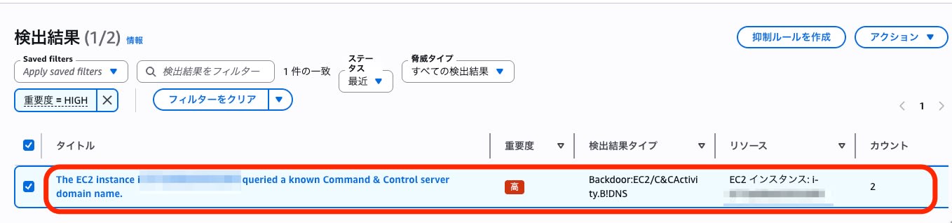 GuardDuty検出結果