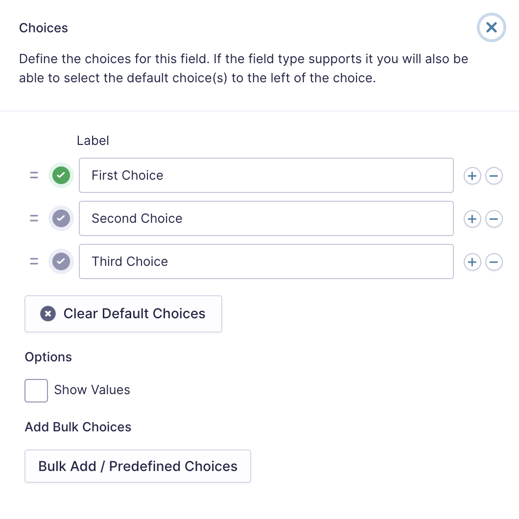 Image showing the Multiple Choice field flyout options.