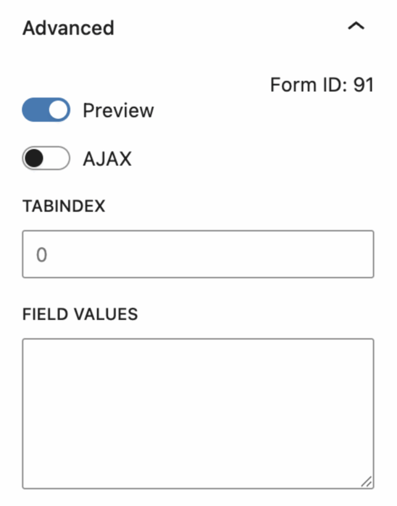 Gravity Forms Block Settings, Advanced Settings Tab containing Preview and Ajax options, Field Values input and Tabindex input.