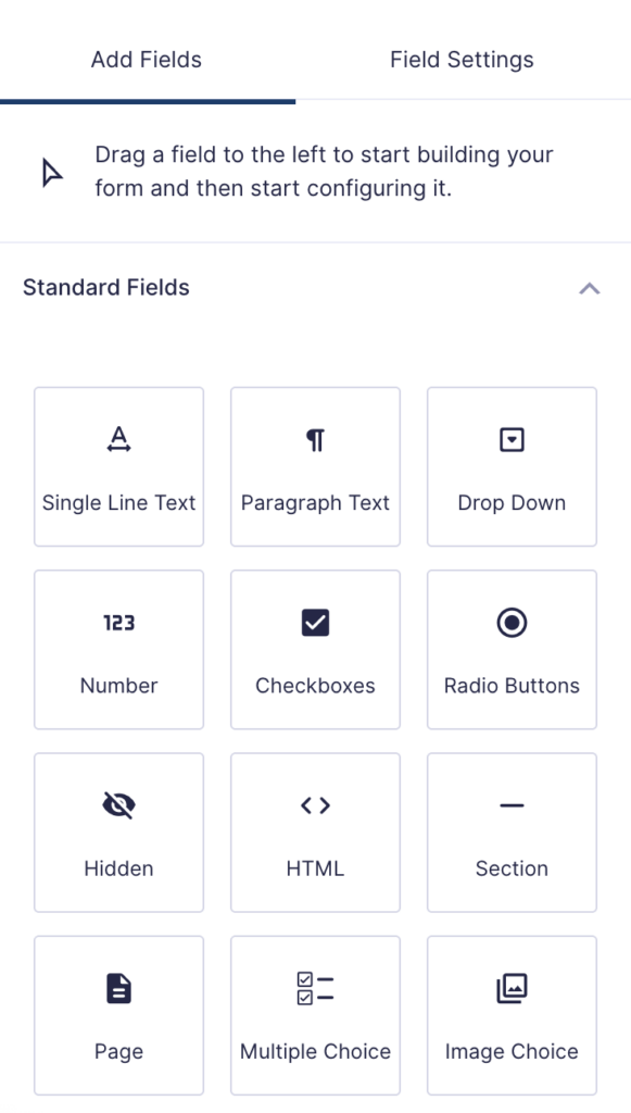 Image showing standard fields in the form editor