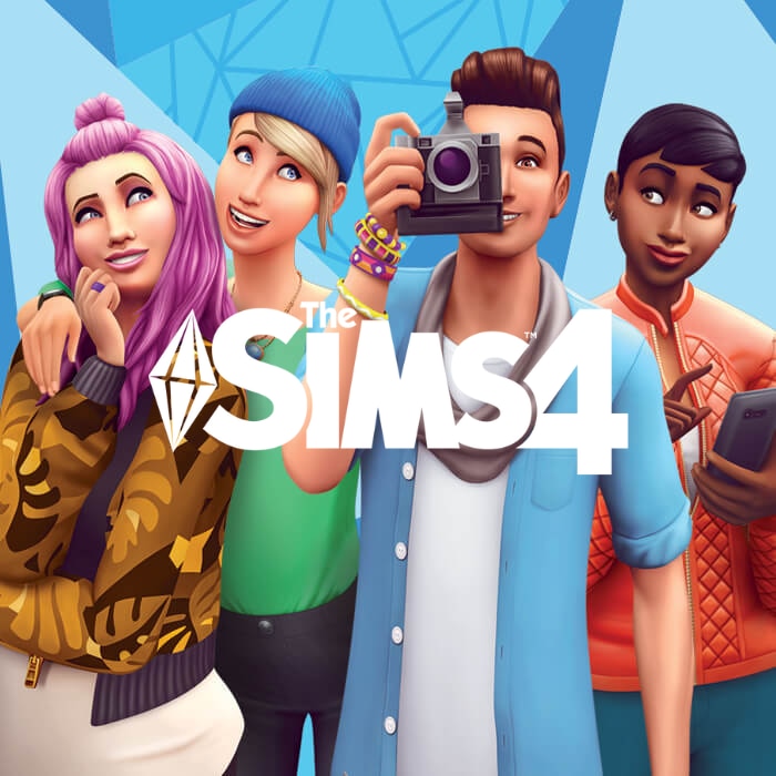 Game art for The Sims 4. 4 Sims stand side-by-side and the in the background game logo is in the center.