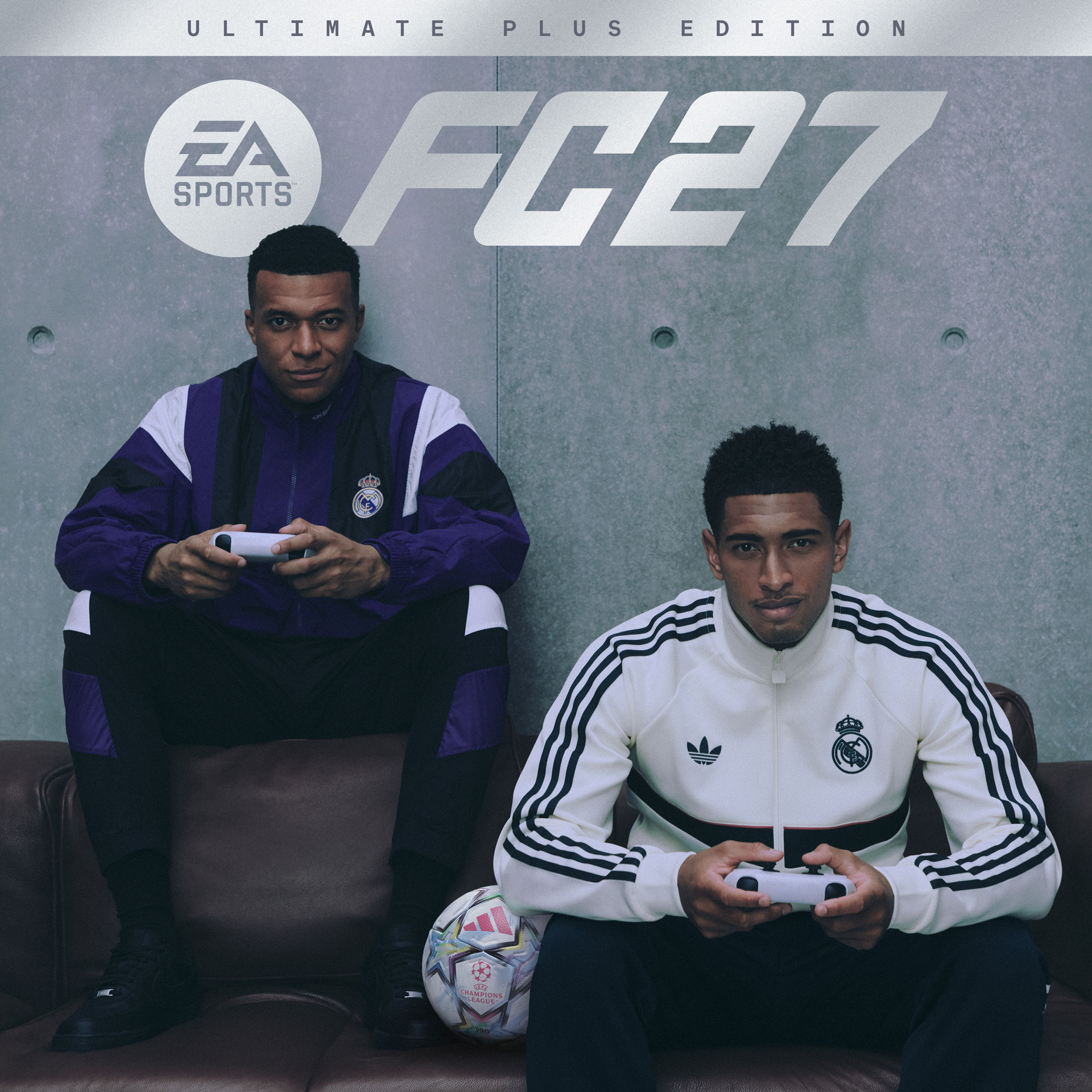EA SPORTS FC27 Ultimate Plus Edition graphic with two footballers holding game controllers.