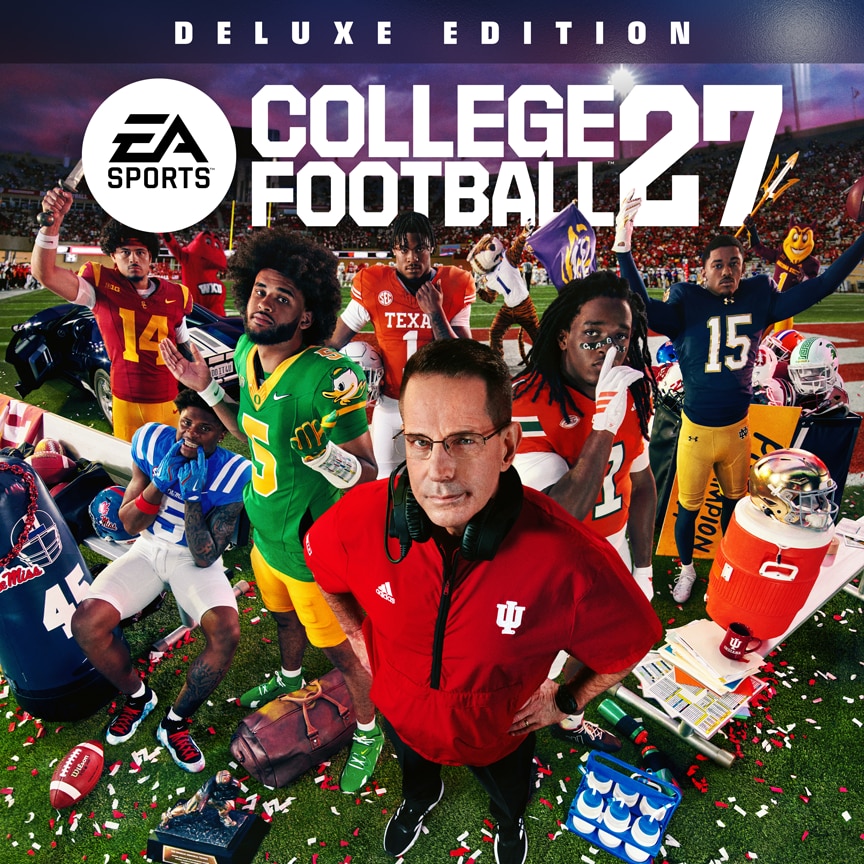 Cover art for EA SPORTS College Football 27 Deluxe Edition featuring a stadium at night, a coach in red with headset at center, and players from USC, Oregon, Texas, Miami, Notre Dame, and Ole Miss, with mascots, helmets, in a packed game atmosphere.
