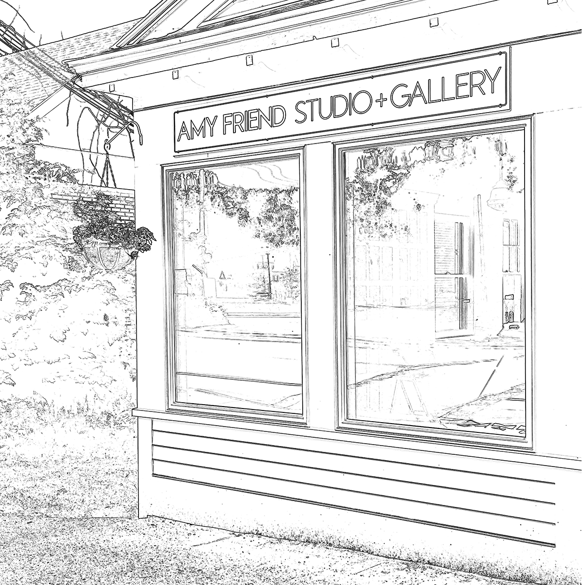 Black and white sketch of the Amy Friend Studio + Gallery storefront.