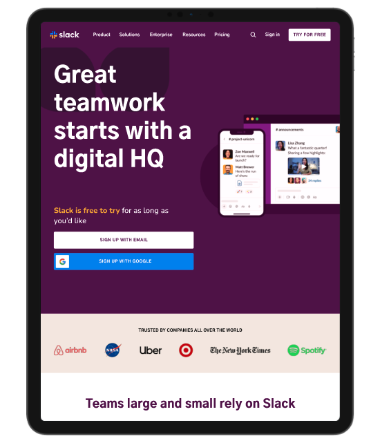 slack landing page mobile