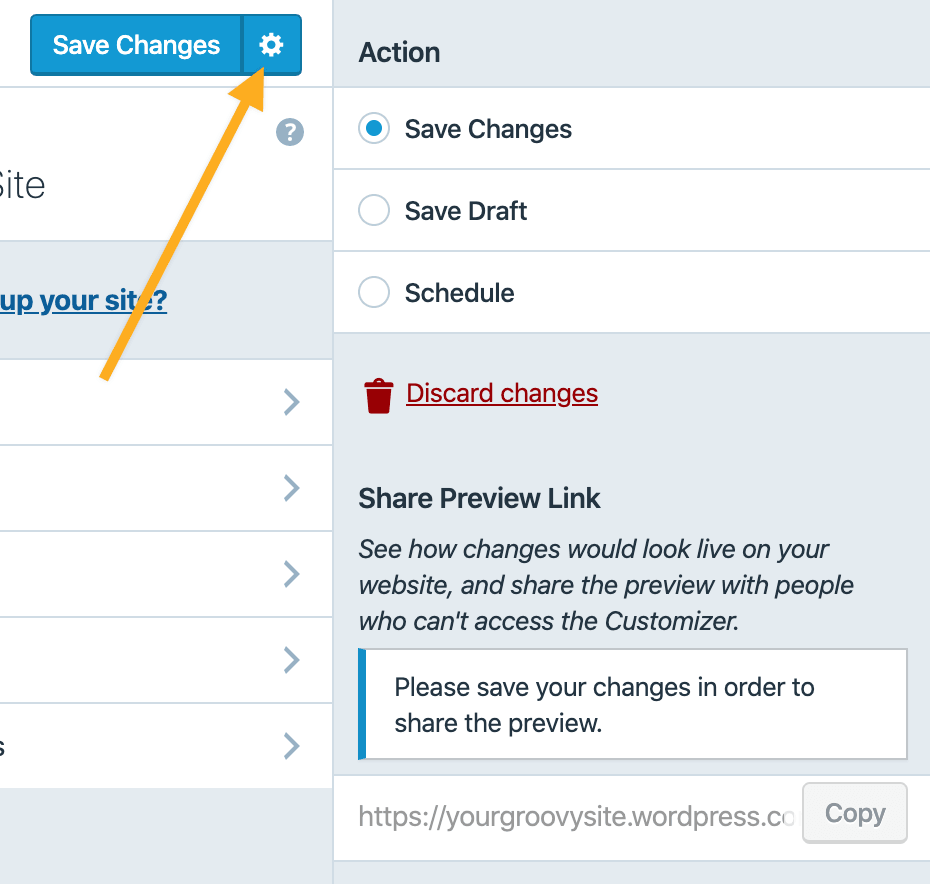 An arrow pointing to the cog icon next to Save Changes with additional actions like save draft and schedule displayed.
