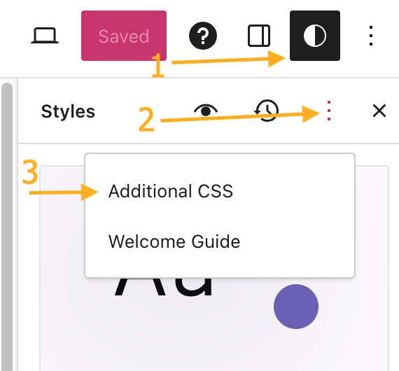 Panah pertama mengarah ke tombol Gaya, panah kedua mengarah ke tombol tiga titik, dan panah ketiga mengarah ke CSS Tambahan.