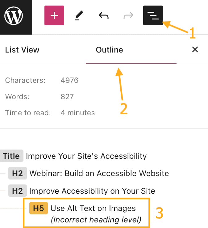 Image showing the outline tool that highlights incorrect heading sizes.