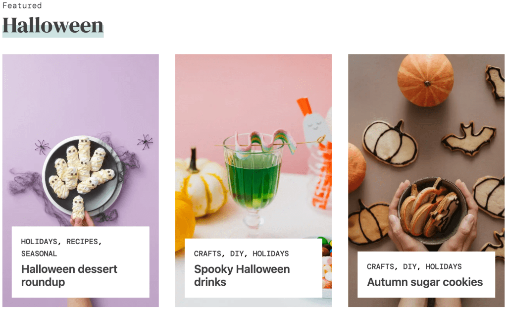 The Featured section of the Craftfully theme, displaying halloween recipes.