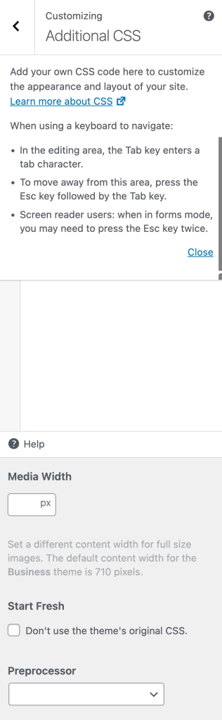 The Customizing Additional CSS section available for sites using a classic or third-party theme.